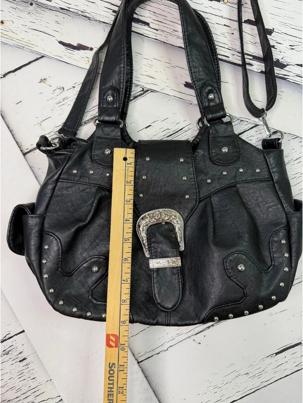 Y2K McBling Western Cowgirl Vegan Leather Black Studded Shoulder Bag